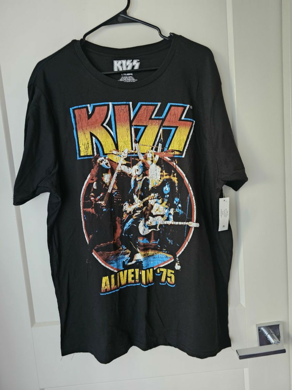 Kiss Black Tee with Yellow & Blue Band Graphic